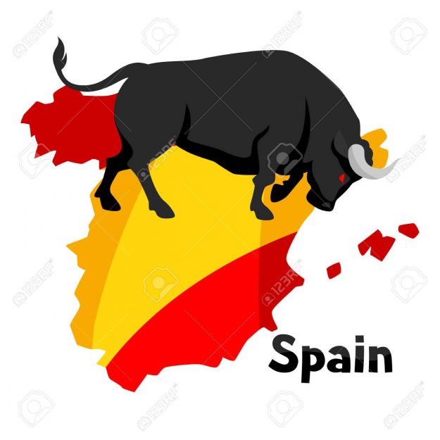 Traditional spainish corrida. Bull on background flag and map of Spain